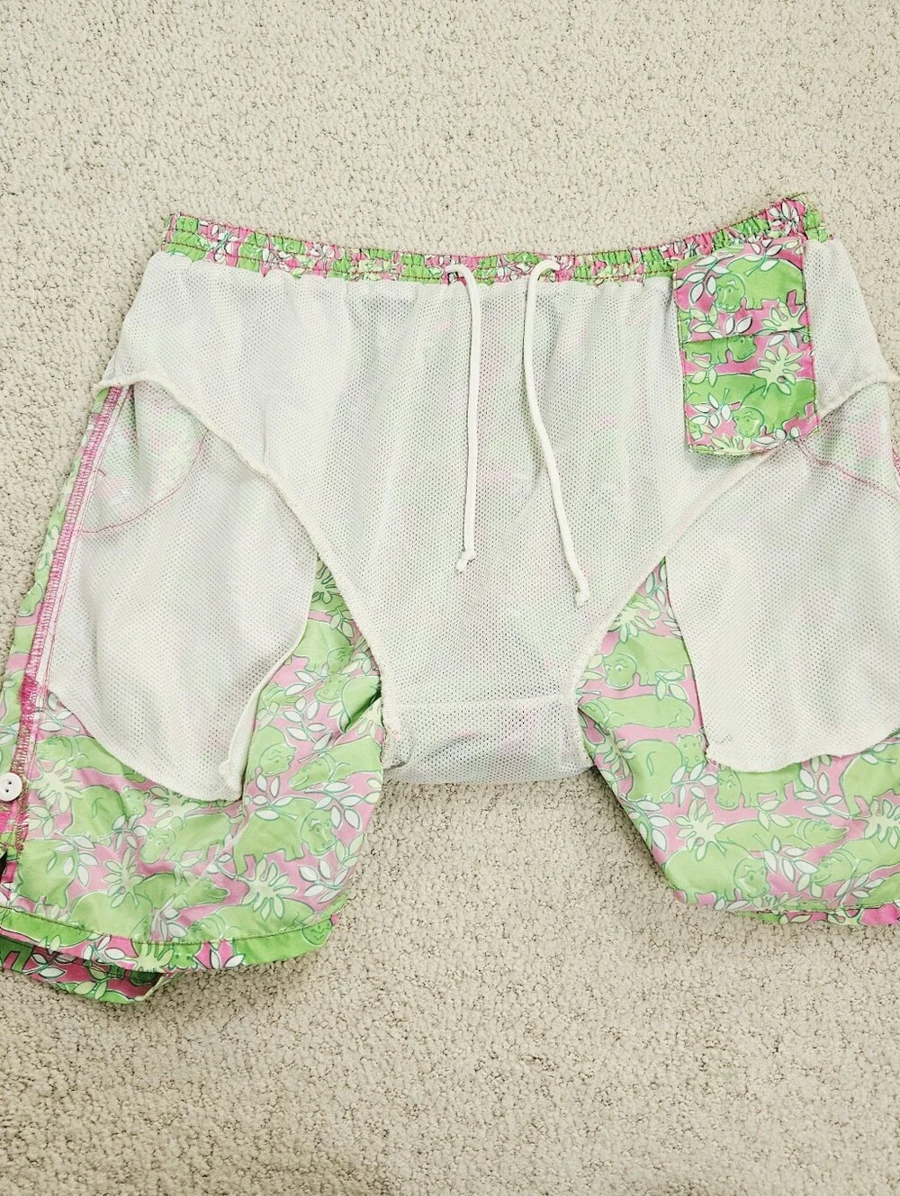 Vintage Lilly Pulitzer Swim Trunks Mens 90s Hippo Pink Green Medium Drawstring